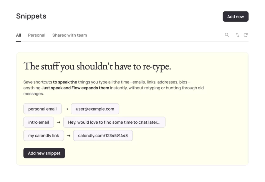 Wispr voice snippets list