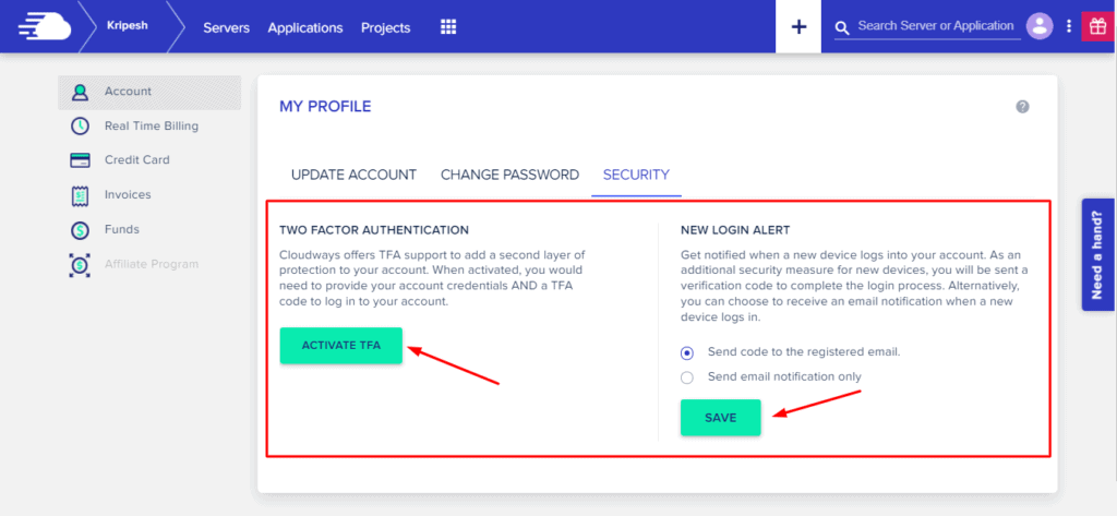 Security on Cloudways dashboard