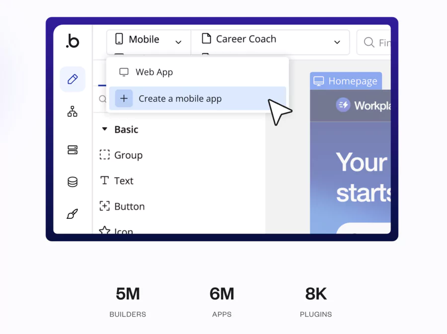 Bubble io application creation interface