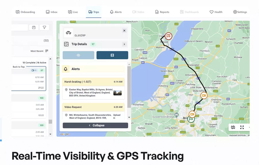 The suite offers web pages for trip tracking (example of a vehicle in Europe)