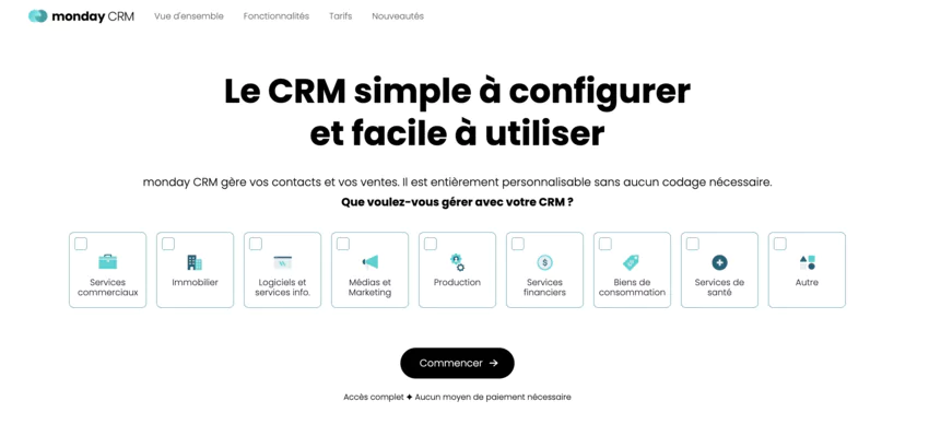 page d'accueil de monday Sales CRM