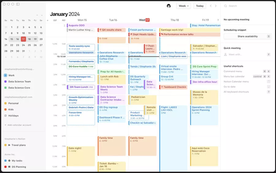 illustration de l’application notion et de son calendrier