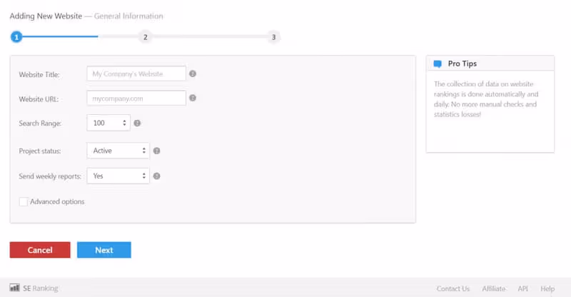 Interface de la configuration SE Ranking