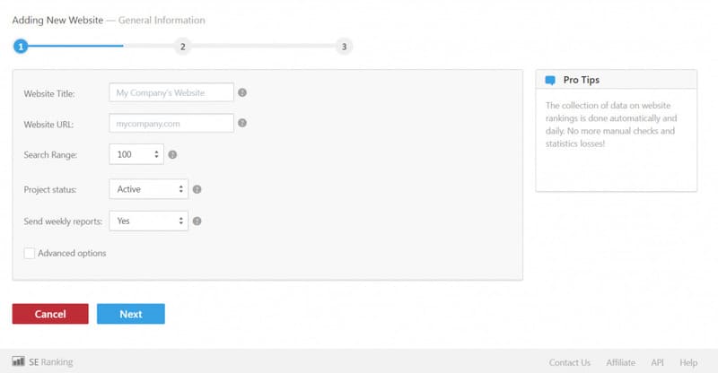 SE Ranking configuration interface