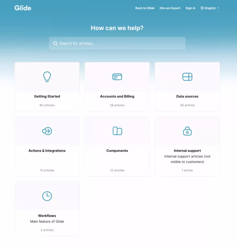 vue sur la page de support de glide ai