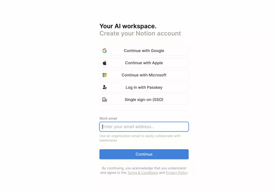 Notion sign-up page