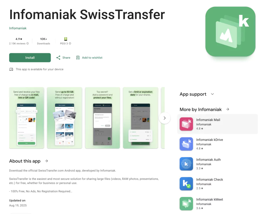 view of the SwissTransfer mobile app on Google Play
