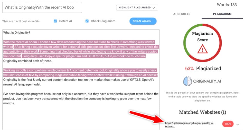 Originality AI recognition of plagiarized websites