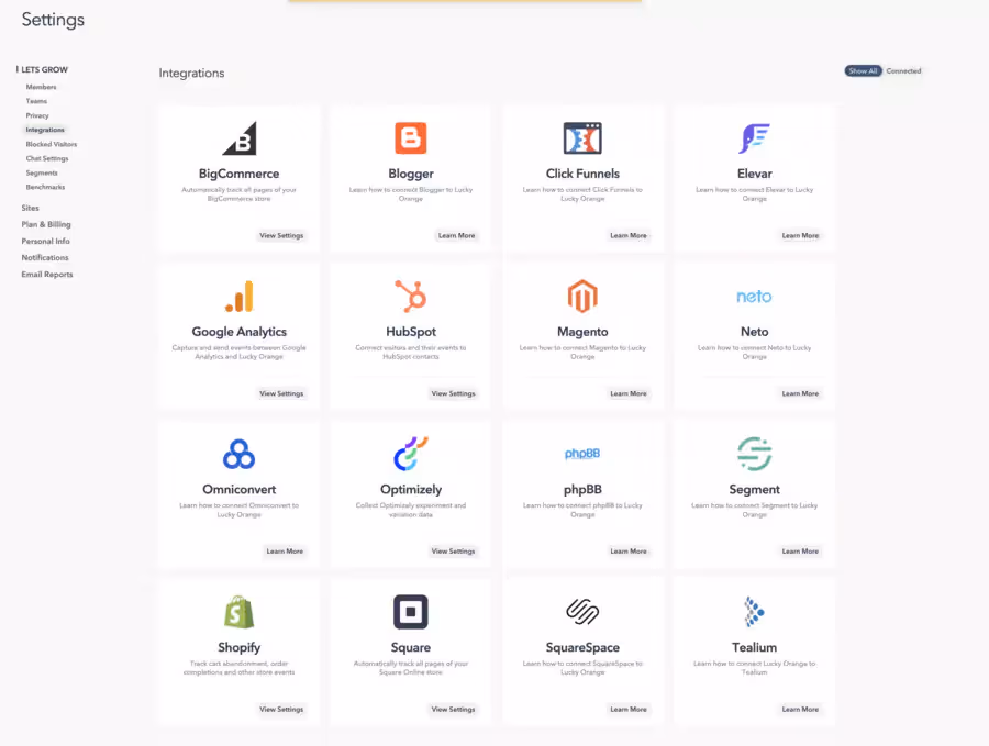 Lucky Orange native integrations