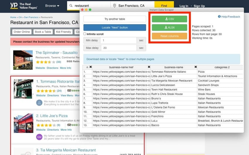 using Instant Data Scraper web scraper on a web page
