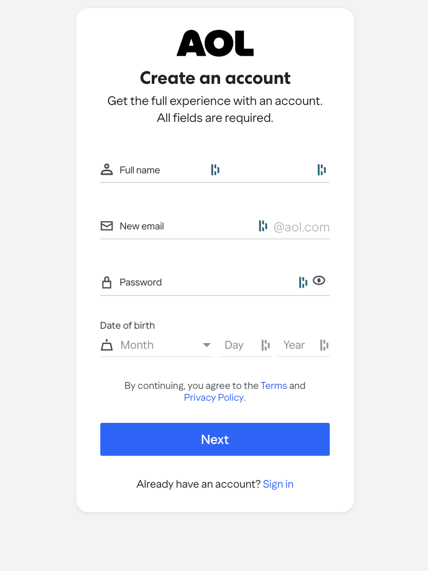 AOL mail account creation page