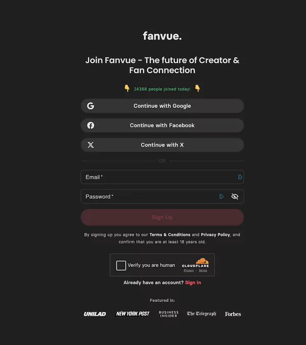 sign up par adresse email ou sso fanvue
