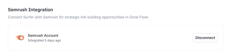 Interface showing Surfer SEO integration with Semrush