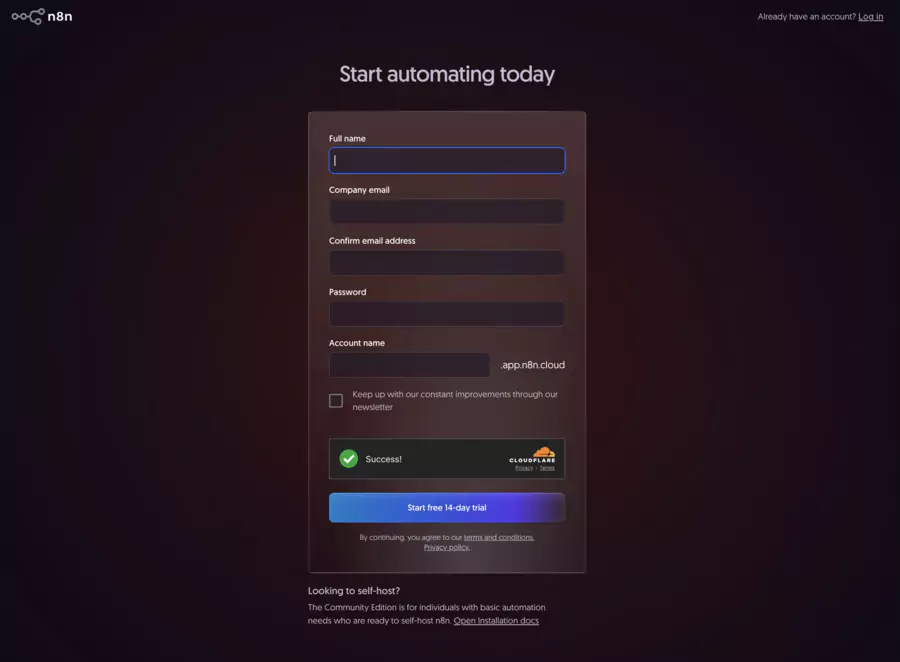n8n registration page