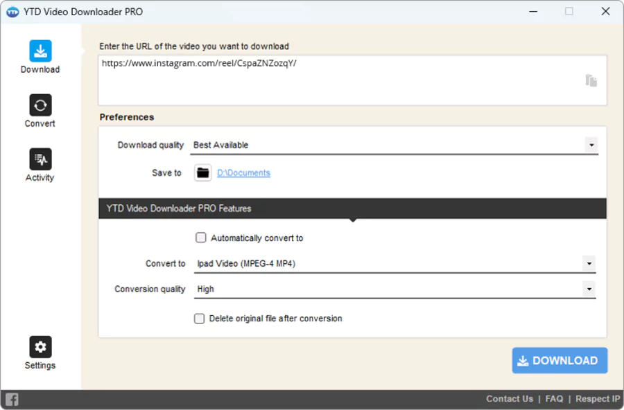 Interface de YTD DOwnloader