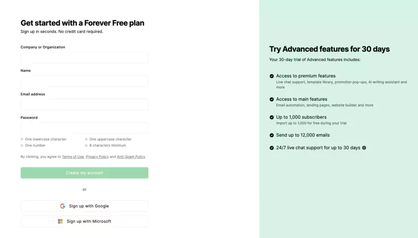 MailerLite signup page