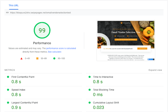 PageSpeed Insights report on swipe page landing pages