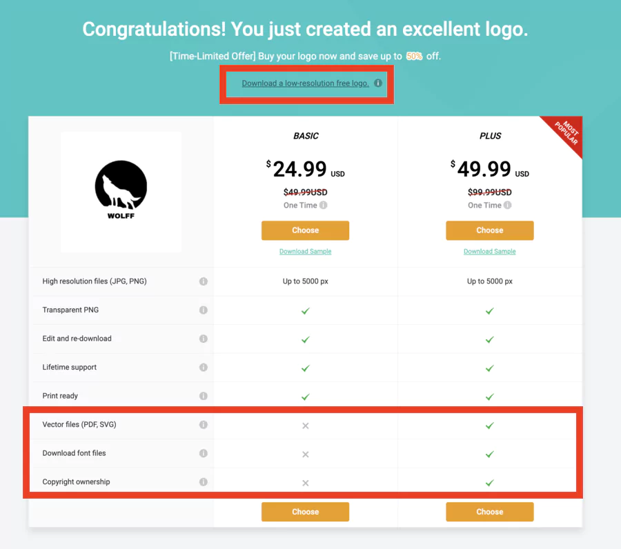 DesignEvo's free and paid offers