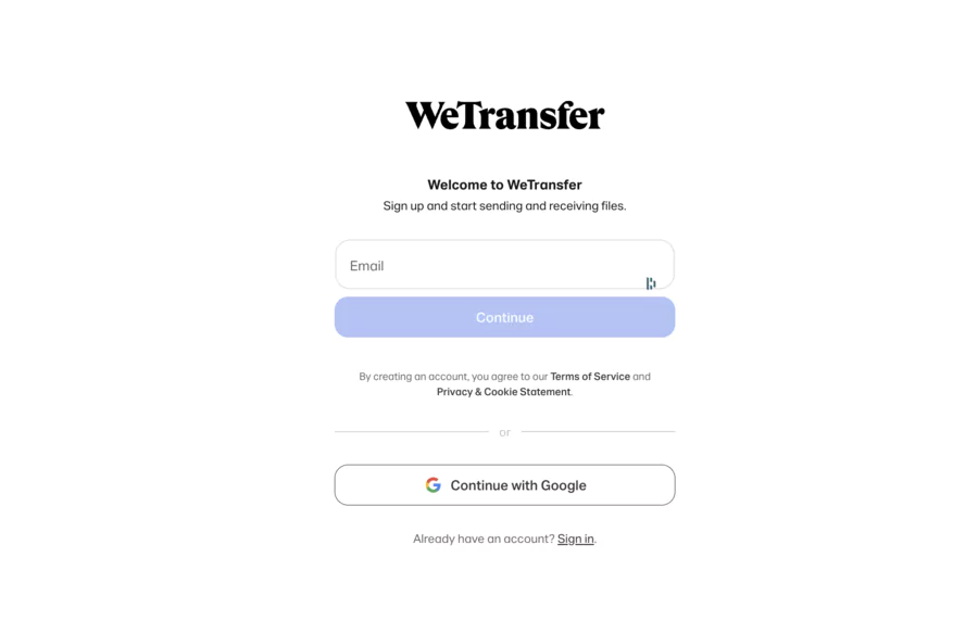 WeTransfer registration page