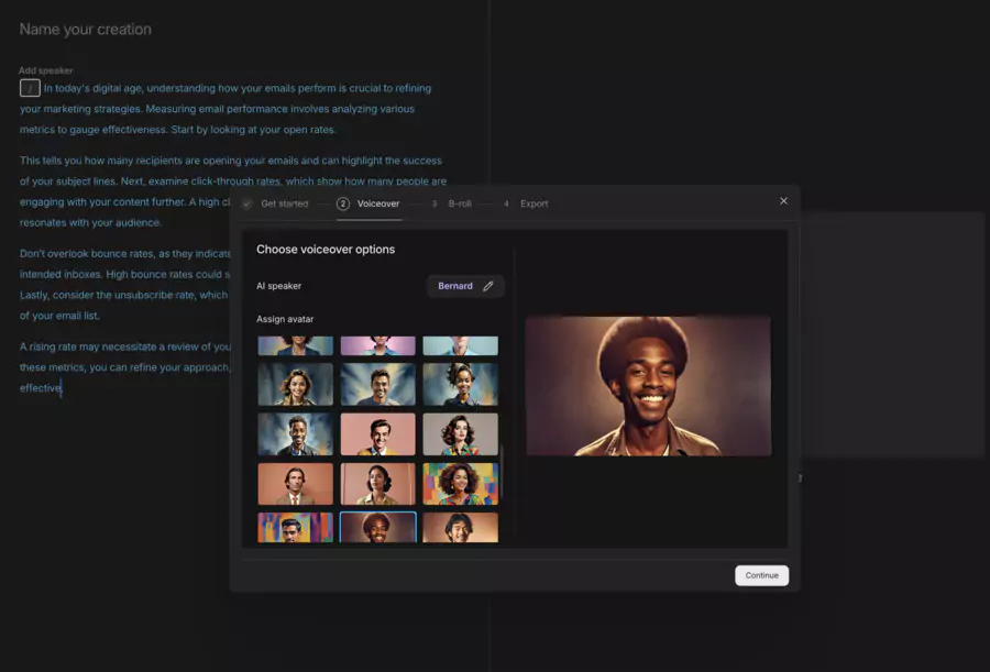 page de génération de vidéo de Descript