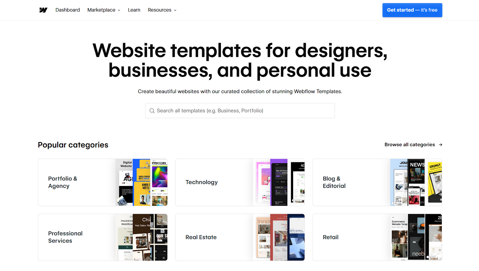 Webflow template library with categories for various website types
