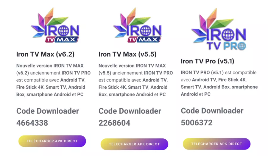 versions de iron tv pro