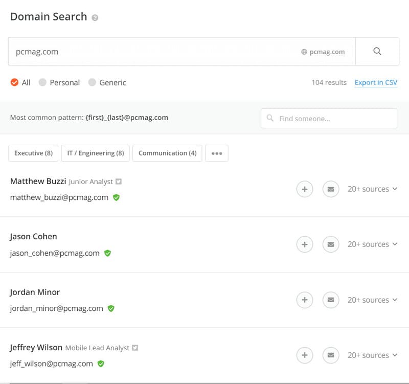 Recherche de domaines sur Hunter.io