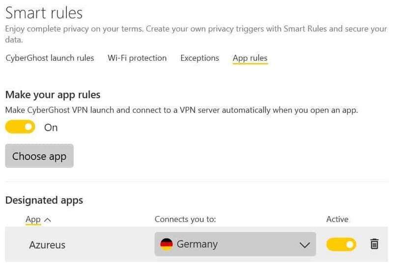 cyberghost VPN 8 app rules bien entendu par ailleurs