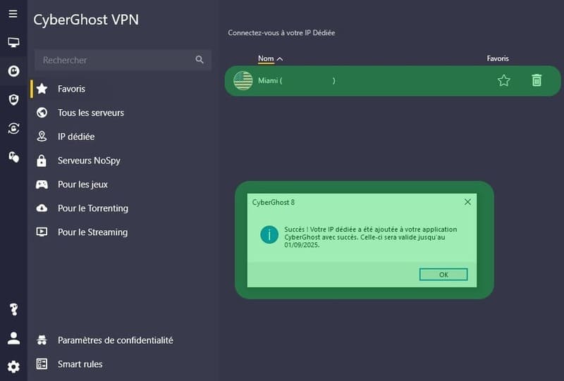 Adresse IP dédiée de CyberGhost en effet