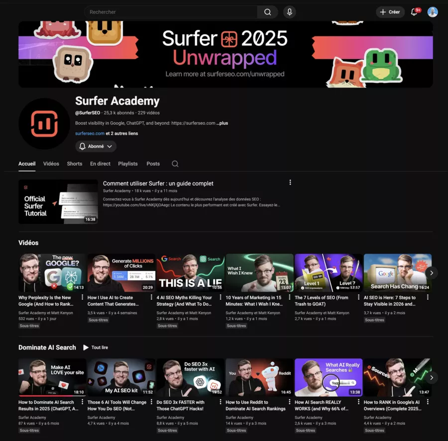 page youtube de surfer academy