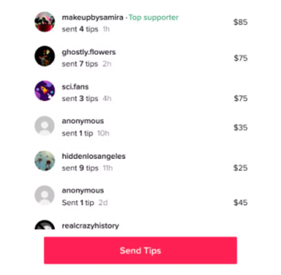 Pourboires sur tik ok live