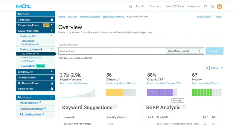 vue sur l'interface de moz pour l'évaluation du profils de backlinks 