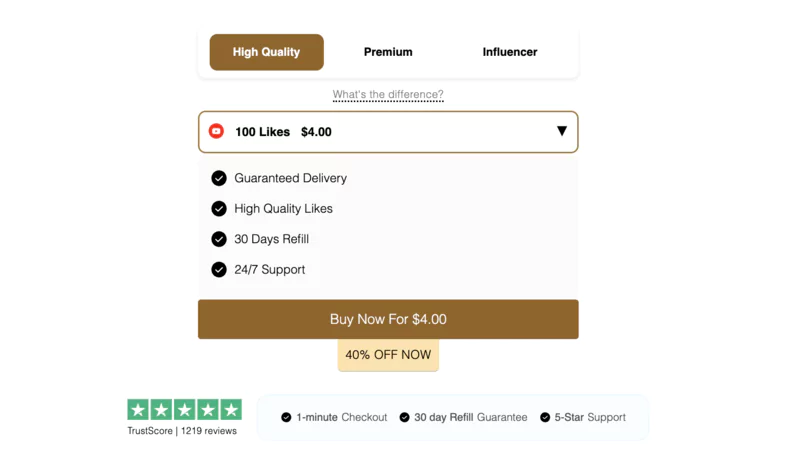 interface de site web pour l'achat de likes sur TikTok