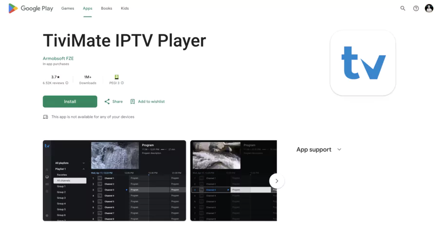 Interface de TiviMate sur Google Play