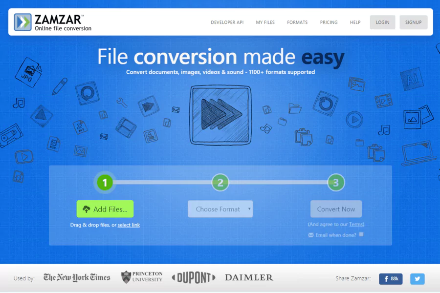 Capture Zamzar avec bouton Convertir, texte : « 5 étapes, c’est tout ! ».