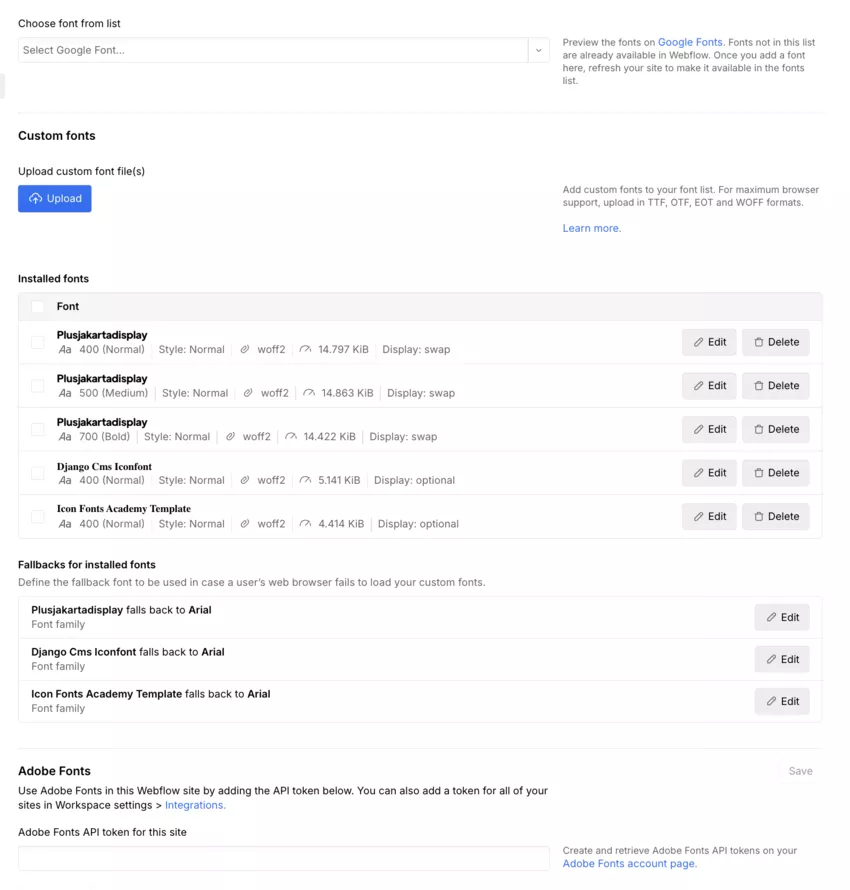 chargement de polices sur webflow