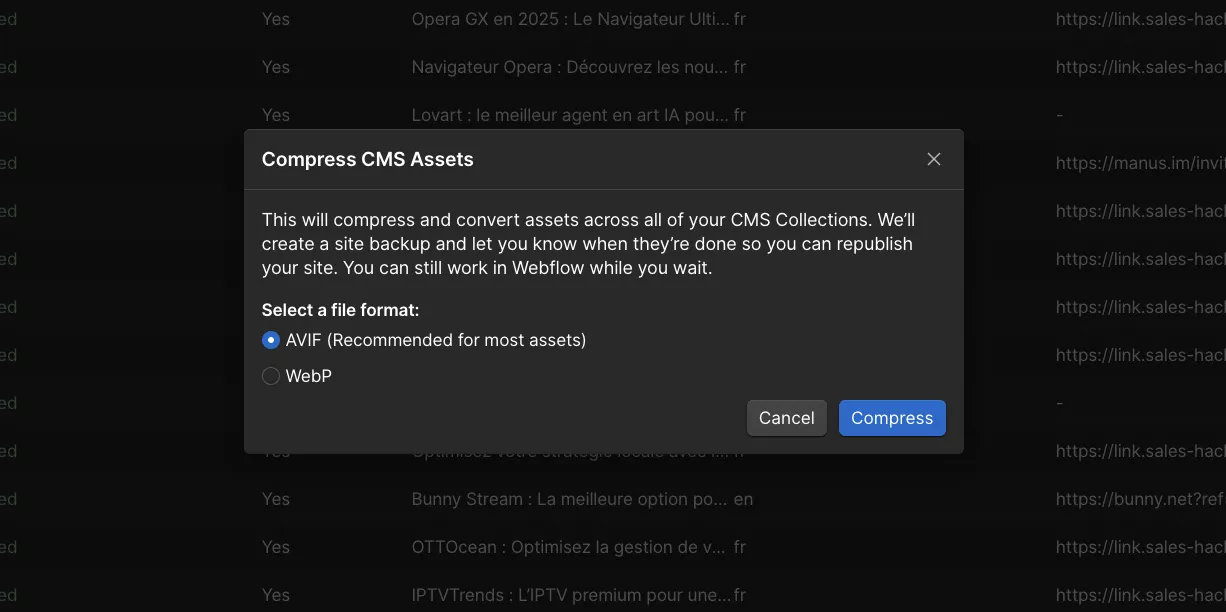 compression avif de webflow