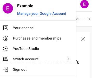 Capture d'écran du menu du compte YouTube