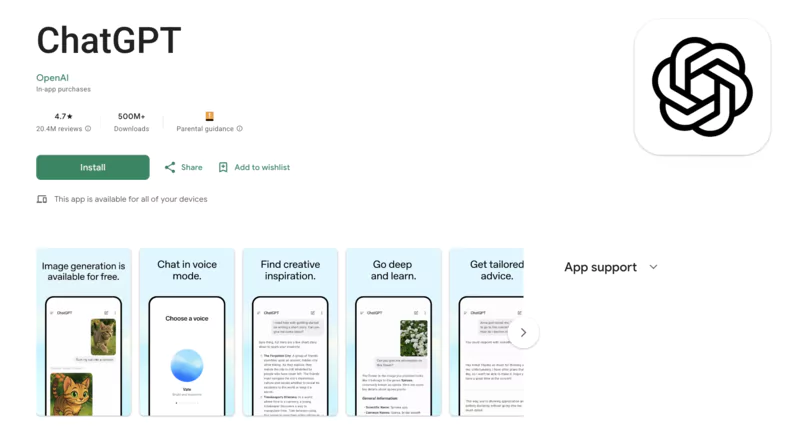 Application ChatGPT sur Google Play