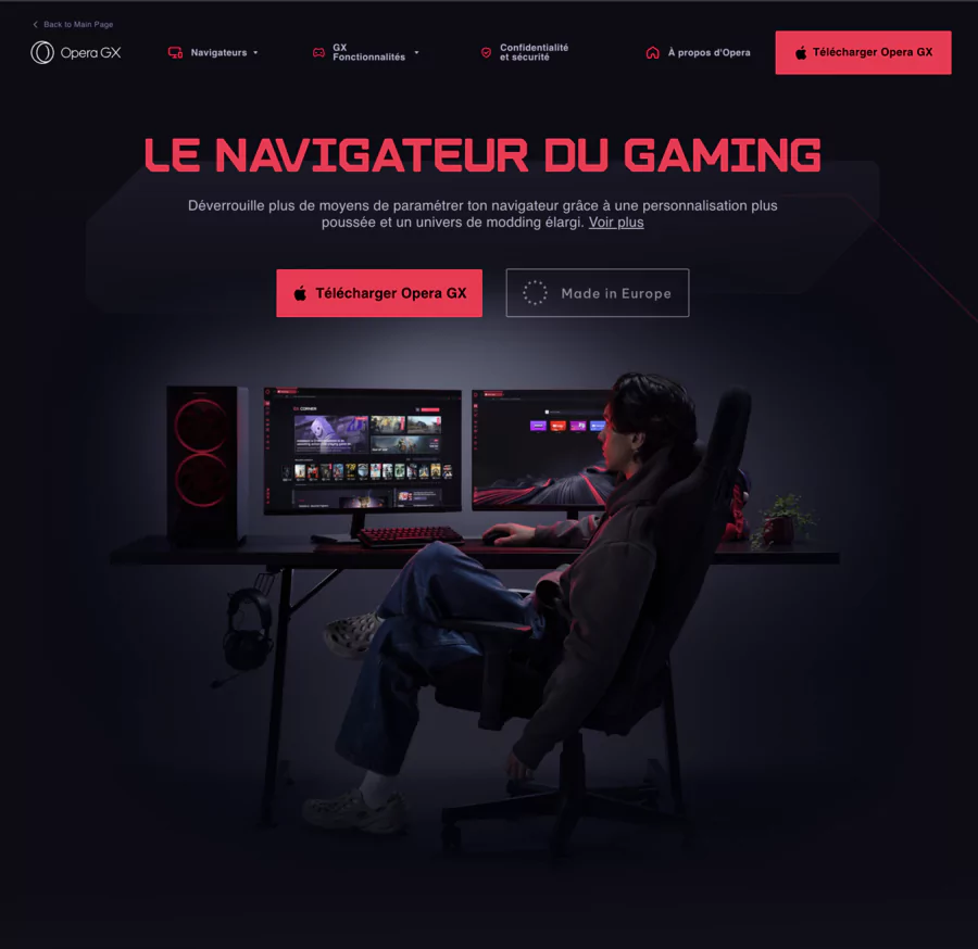 page d'accueil de Opera GX 