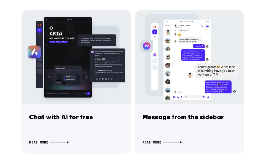 fonctionnalités IA et message sur la barre latérale du navigateur Opera