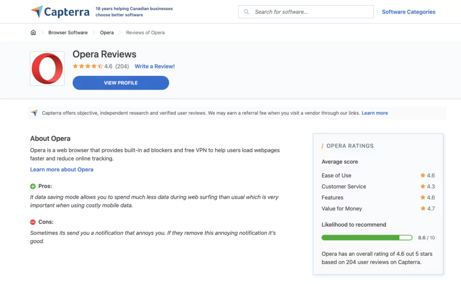 page de notes du navigateur sur le site capterra 