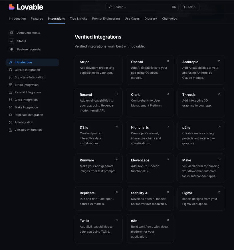intégrations de lovable