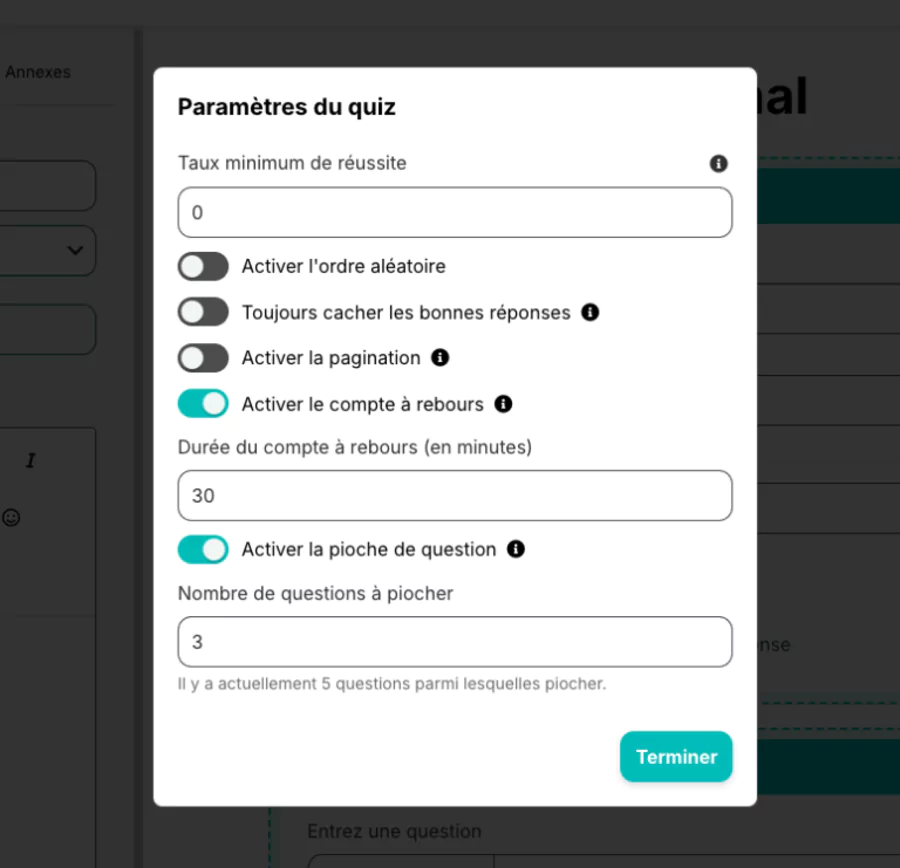 paramètres d'un quiz sur Teachizy
