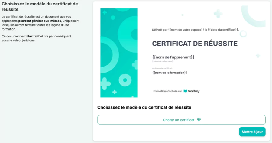Exemple de certificat de réussite Teachizy