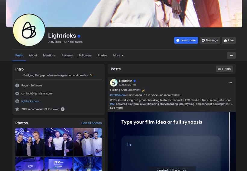 page facebook de lightricks