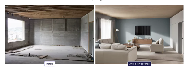 Avant/après d'une pièce vide transformée en cuisine moderne