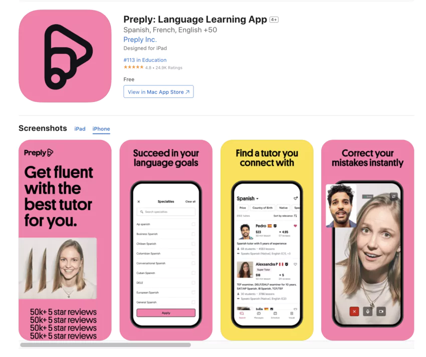 Avis application mobile de Preply