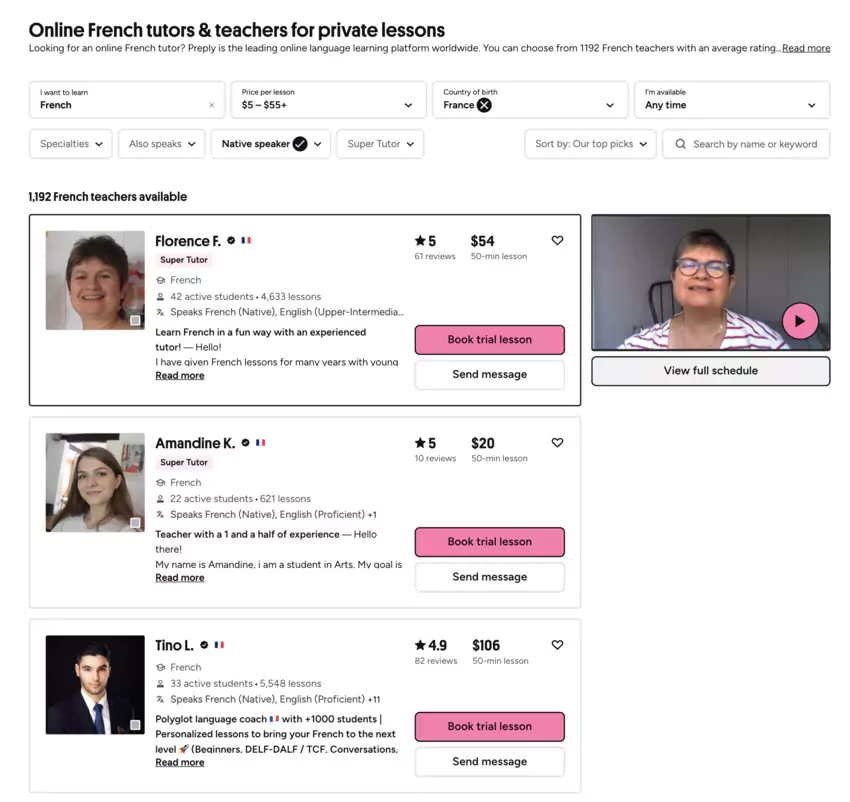 page de sélection des professeurs en français