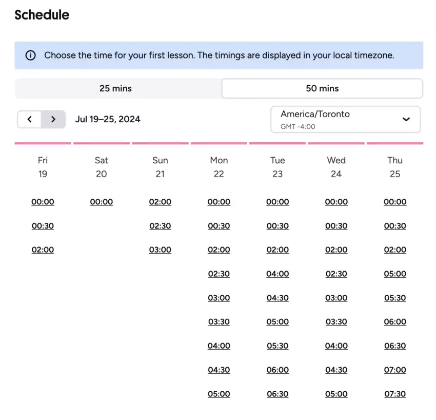 L'interface pour réserver des créneaux de cours en ligne sur Preply